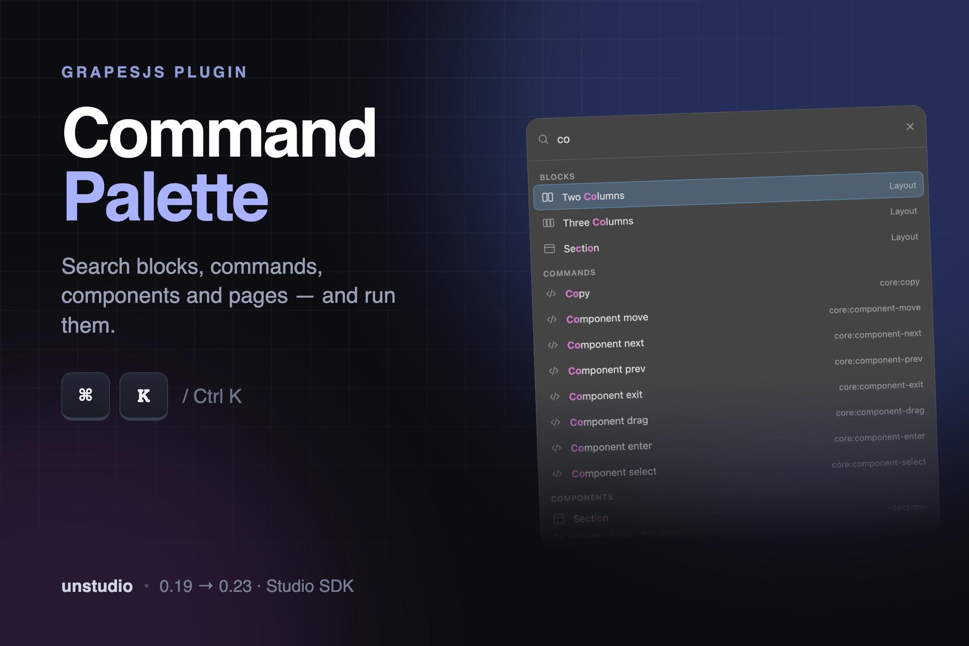 Command Palette — ⌘K for GrapesJS
