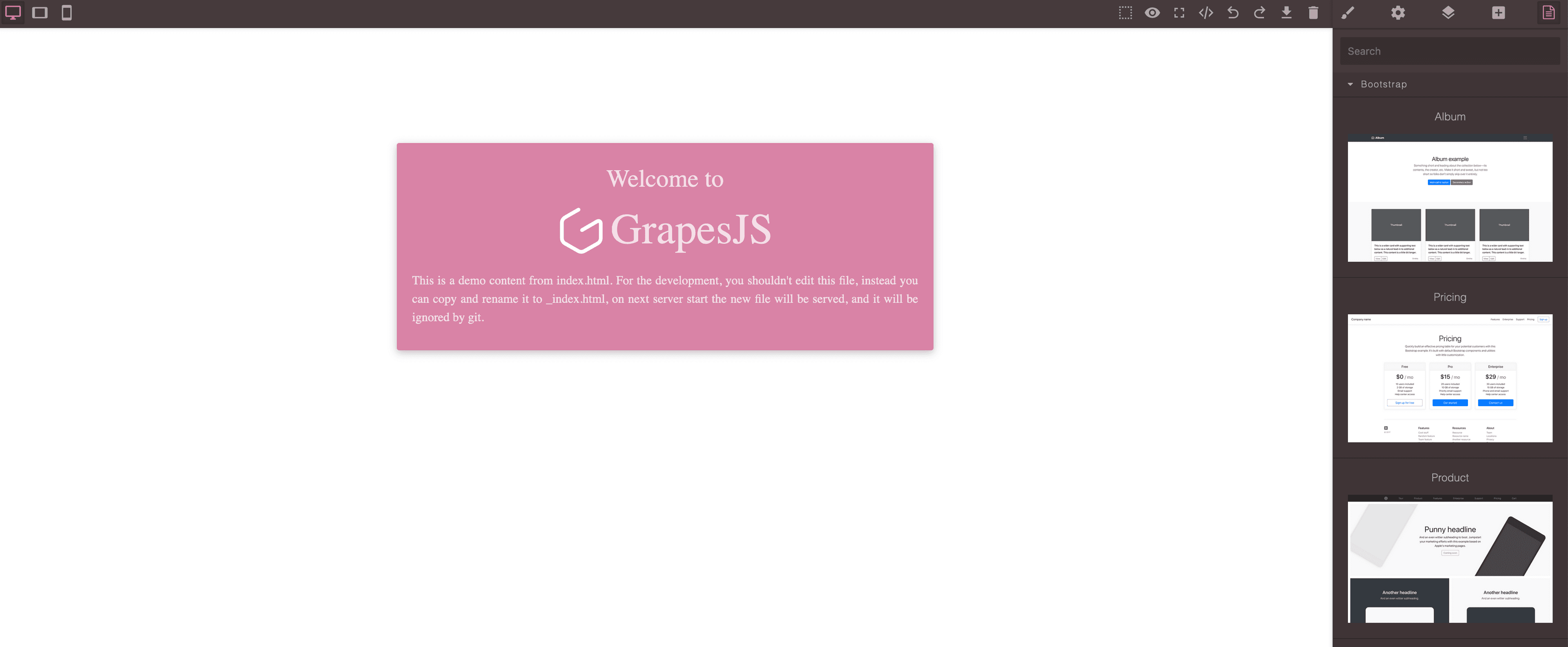 Templates Manager - choose the best sets of plugins and presets for GrapesJS