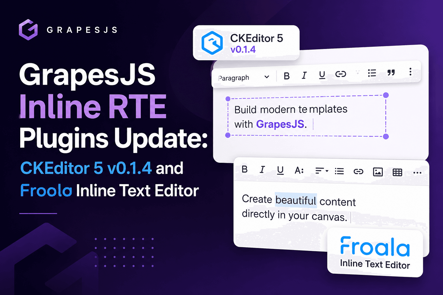 GrapesJS Inline RTE Plugins Update: CKEditor 5 v0.1.4 and Froala Inline Text Editor