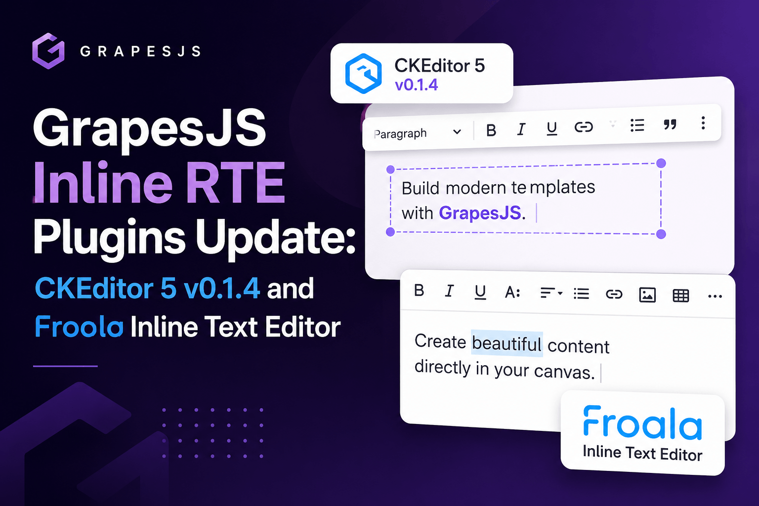GrapesJS Inline RTE Plugins Update: CKEditor 5 v0.1.4 and Froala Inline Text Editor