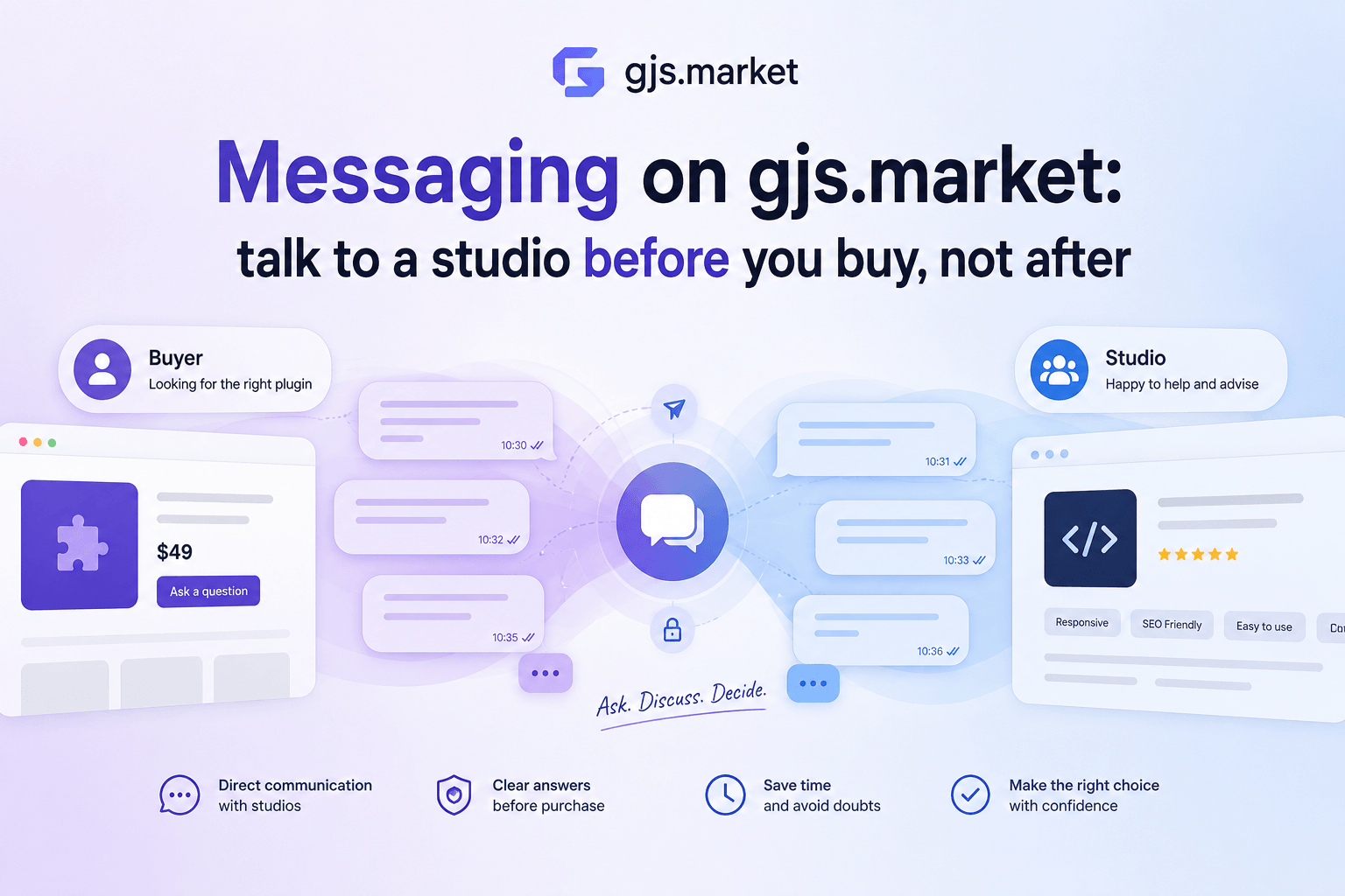 Messaging on gjs.market: talk to a studio before you buy, not after