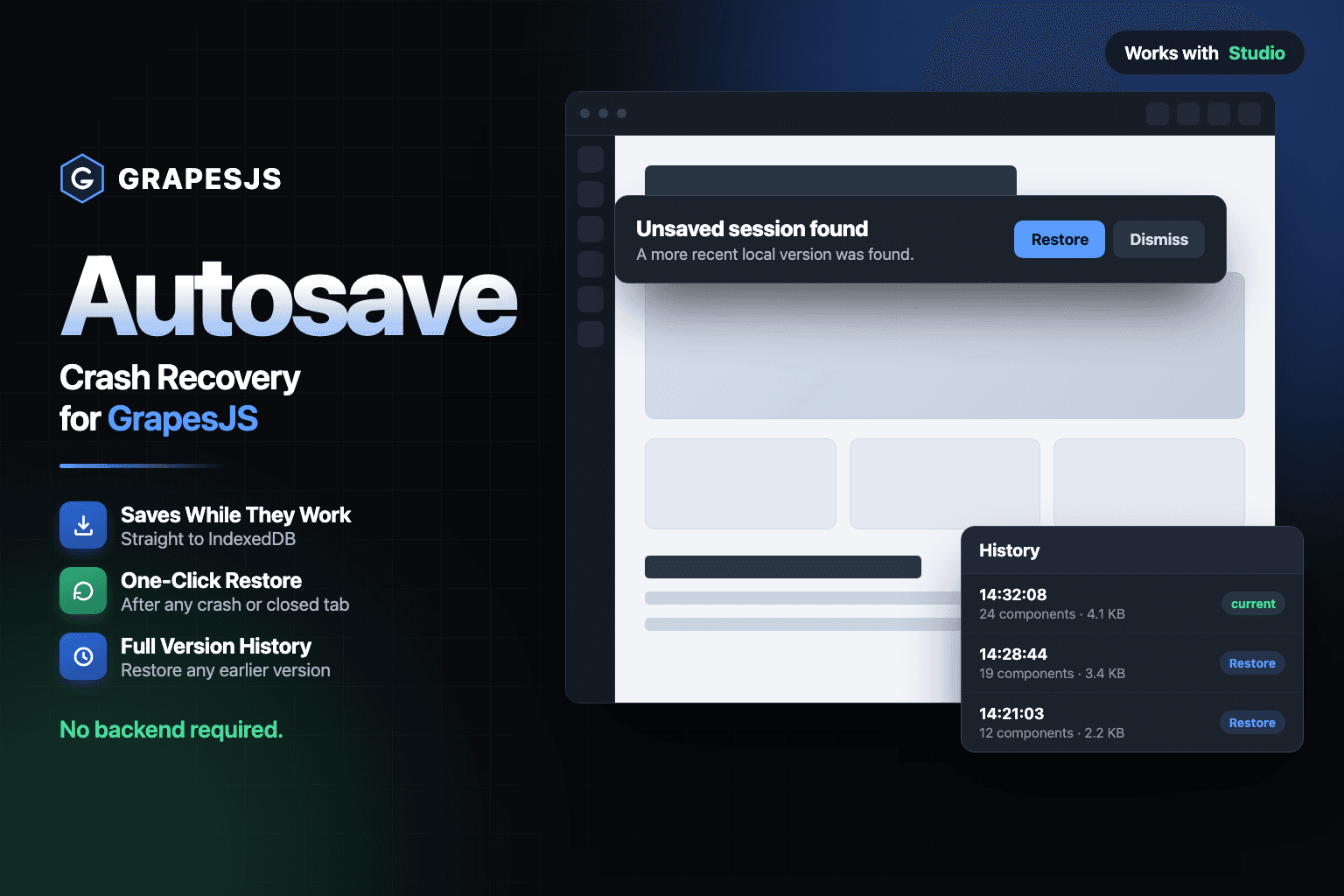 Autosave & Restore — Crash Recovery for GrapesJS